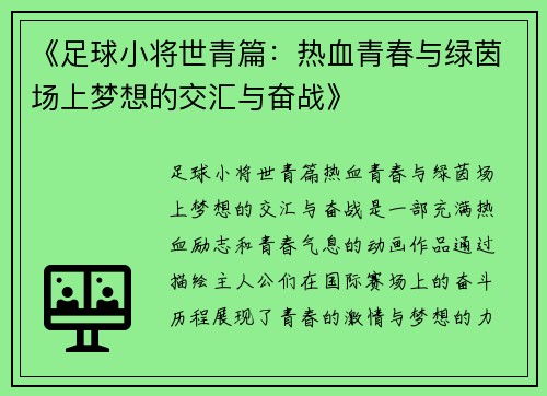 《足球小将世青篇：热血青春与绿茵场上梦想的交汇与奋战》